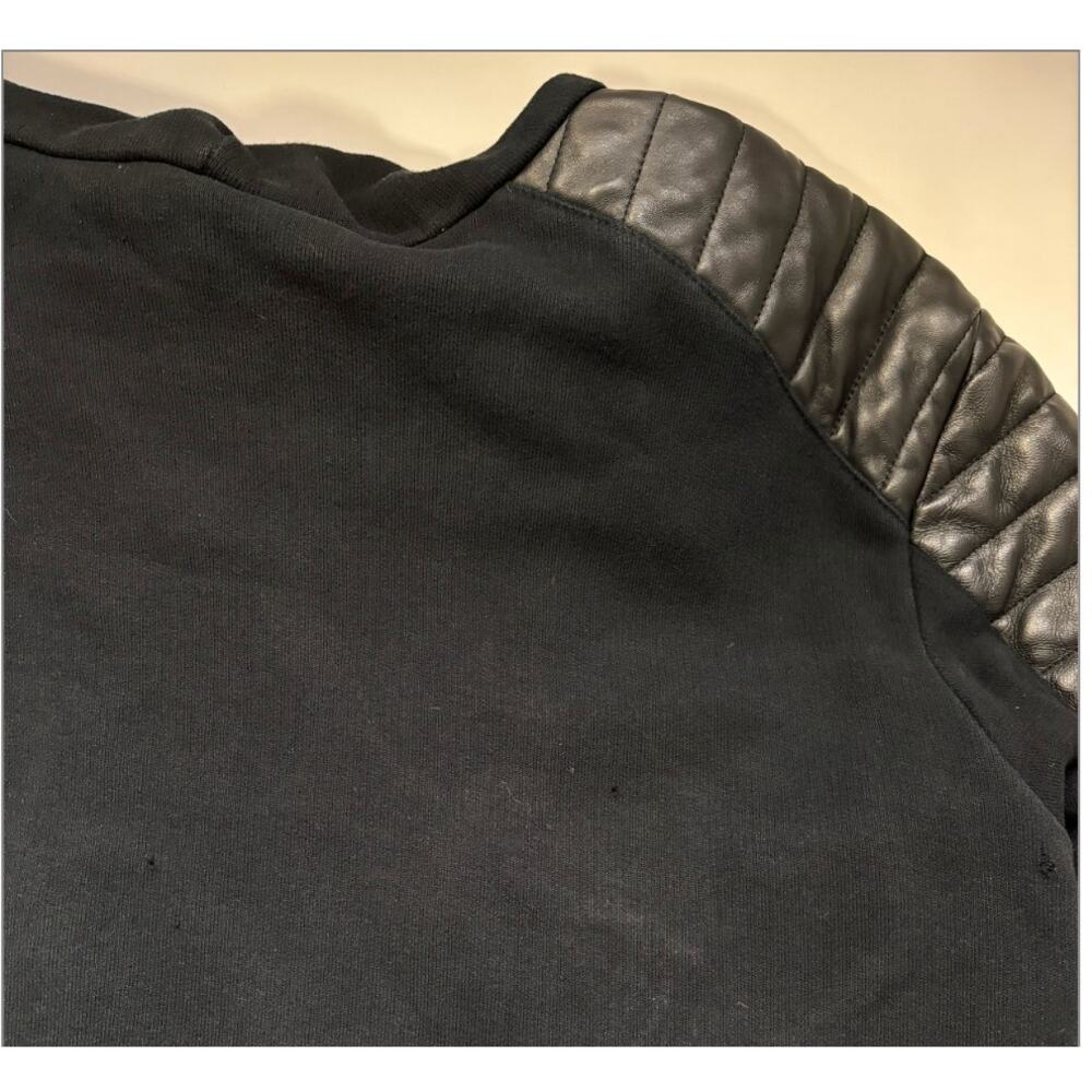 FUC Balmain Black Moto Hoodie Jacket Quilted Leather Shoulder Zip Sweatshirt M - Picture 8 of 15